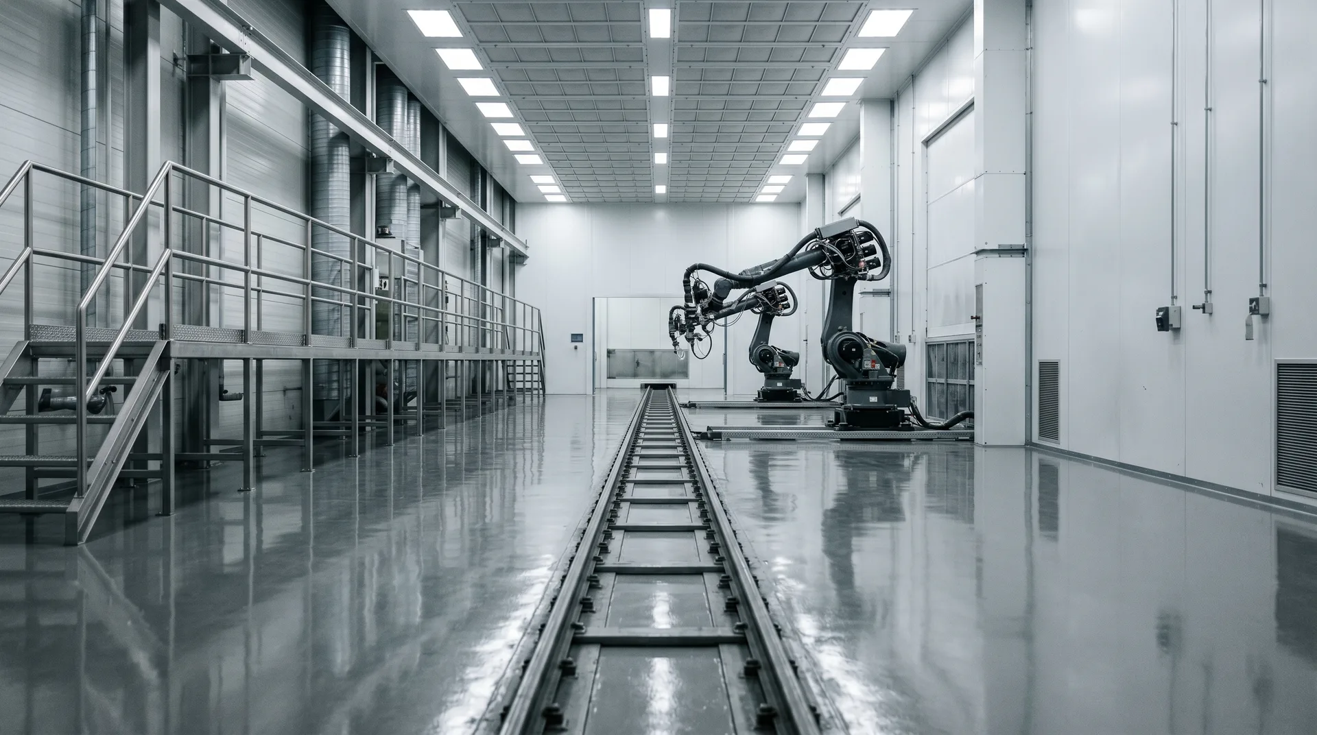 Anonymisierte Aufnahme: Automobil-Lackieranlage-Spritzkabine mit Roboterarm und LED-Beleuchtung.