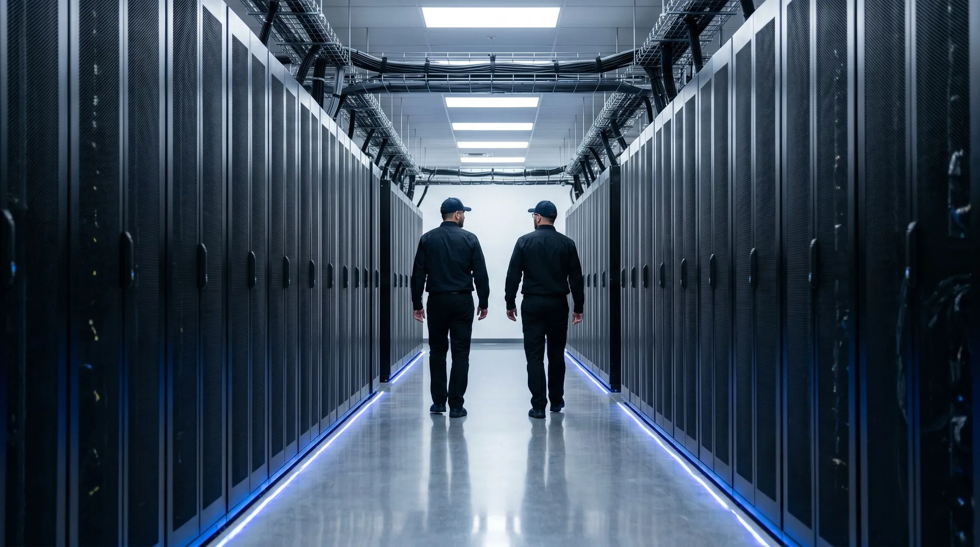Anonymisierte Reinraum-Aufnahme: Cold-Aisle-Containment-Korridor in einem Hyperscale-Rechenzentrum, blaue Indikator-LEDs am Boden.