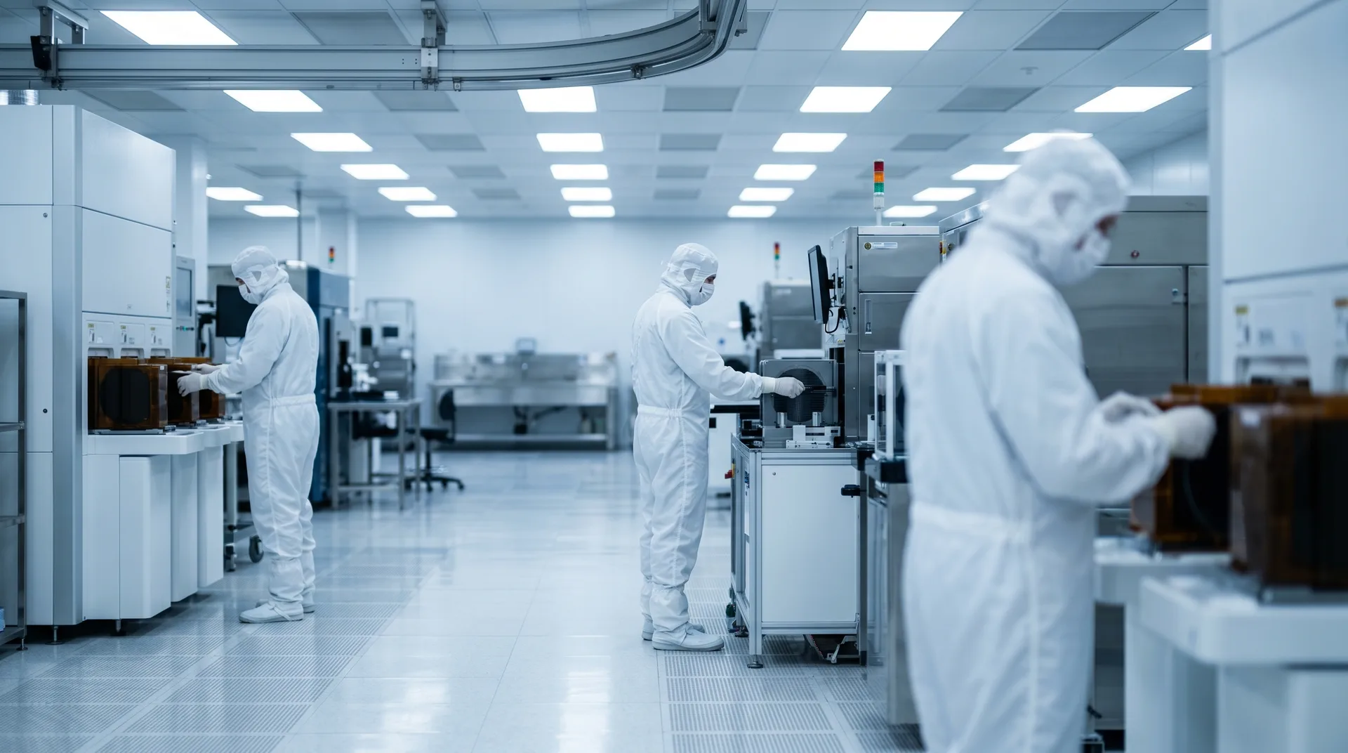 Anonymisierte Reinraum-Aufnahme einer Halbleiter-Front-End-Fab. Drei Reinraum-Monteure an einer Wafer-Handling-Anlage, AMHS-Schiene im oberen Bildbereich.