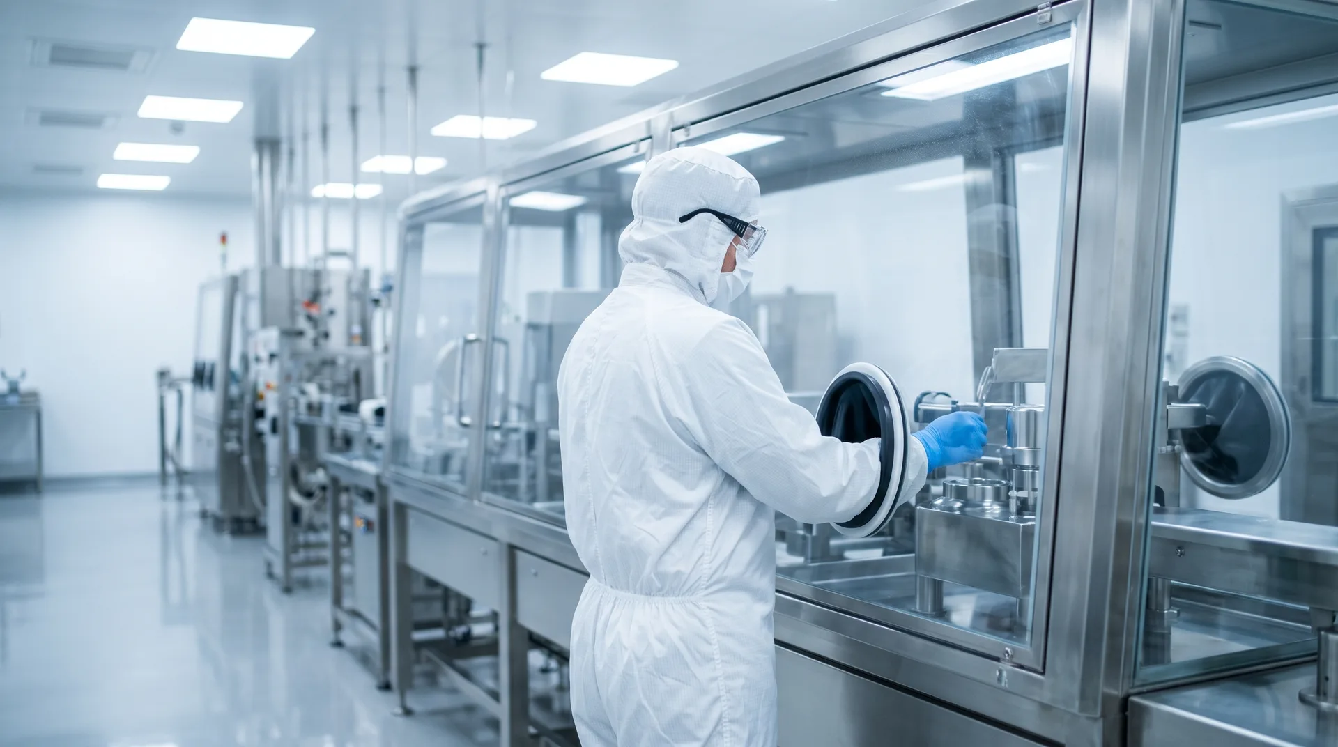 Anonymisierte Pharma-Reinraum-Aufnahme: Operator an einem RABS-Isolator unter unidirektionalem Luftstrom, Grade-A-Umgebung.