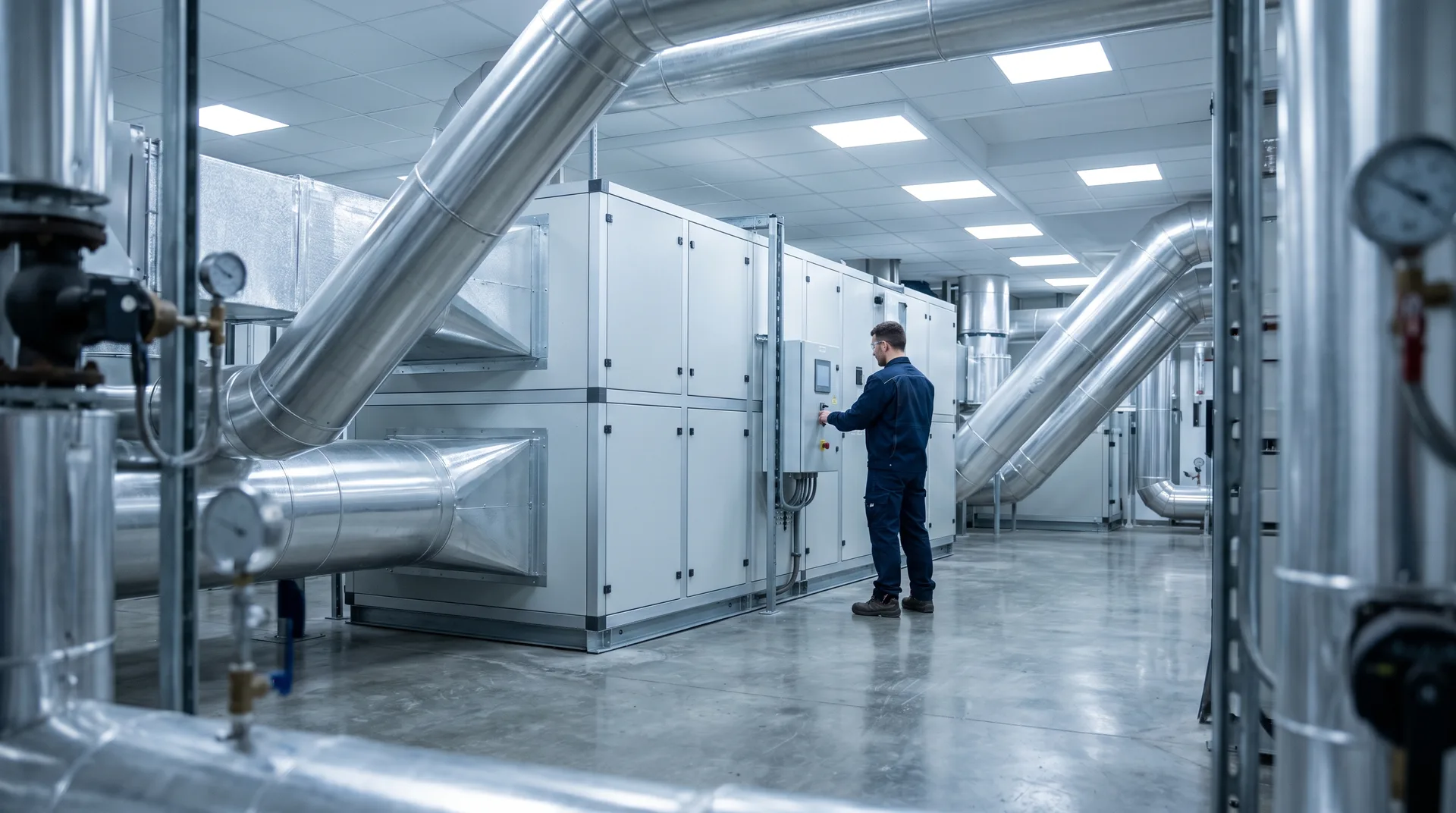 Industrielle HVAC-Anlage: AHU-Schrank mit großdimensionalen Edelstahl-Kanälen.