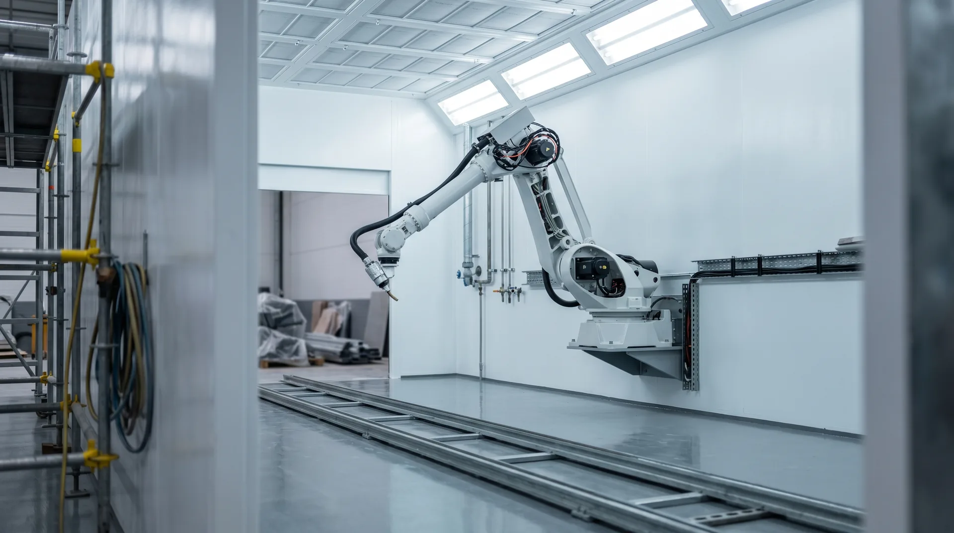 Automobil-Lackieranlage-Spritzkabine in der Montagephase, Roboterarm an weiß lackierter Innenwand.